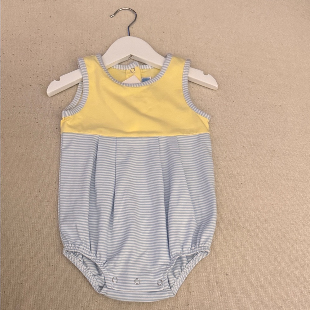 Trotter Street Kids ‘Charlie’ Yellow Baby Bubble Romper with Blue Stripe Detail